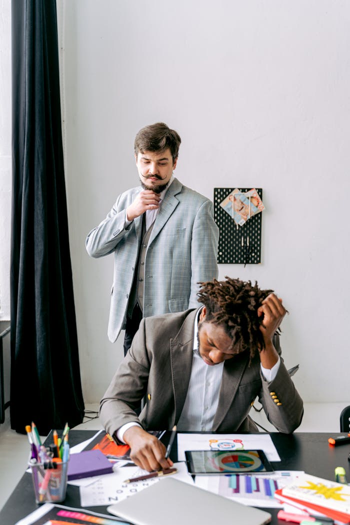Frustrated businessmen in an office, one sitting and stressed, the other standing thoughtfully.